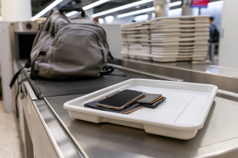 White plastic tray holding phone wallet and cards on airport security conveyor belt