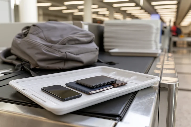 Personal items on a white tray on an airport security conveyor belt