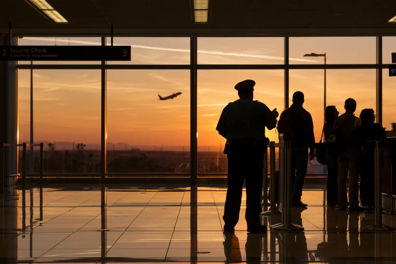 Silhouetted security officer and travelers at airport checkpoint during sunset