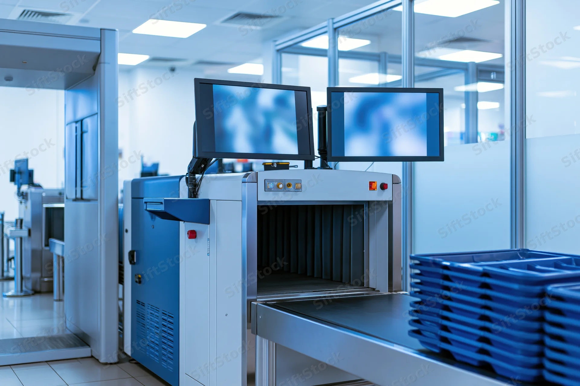 Xray scanner at airport security checkpoint with stacked plastic trays on conveyor belt