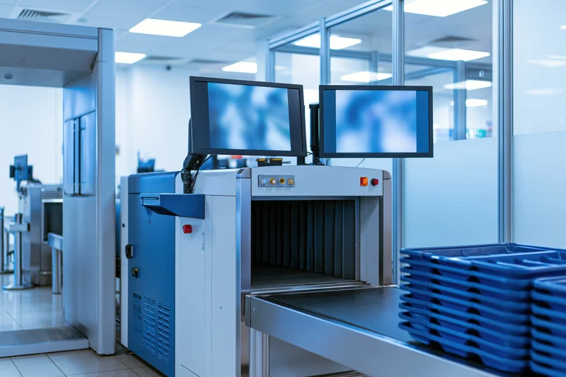 Xray scanner at airport security checkpoint with stacked plastic trays on conveyor belt