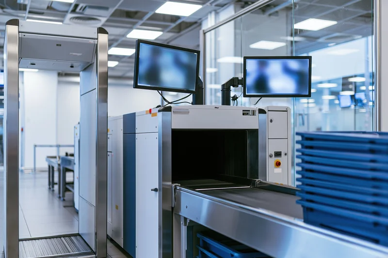 Airport security checkpoint with xray scanner and metal detector in idle state