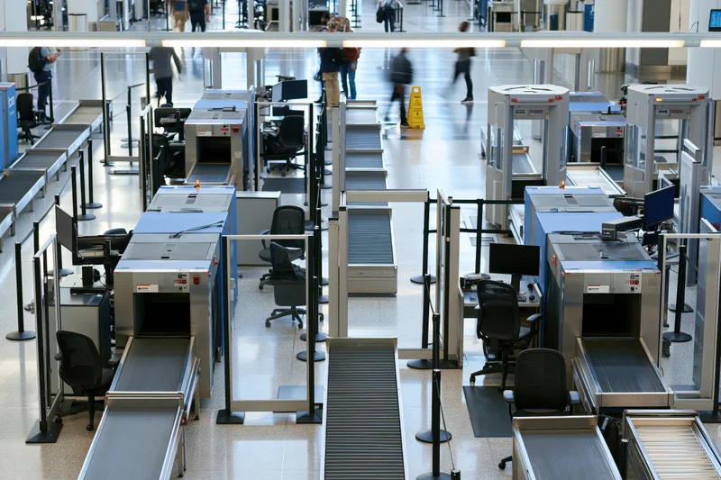 Overhead view of airport security checkpoint with xray scanners and metal detectors arranged in rows