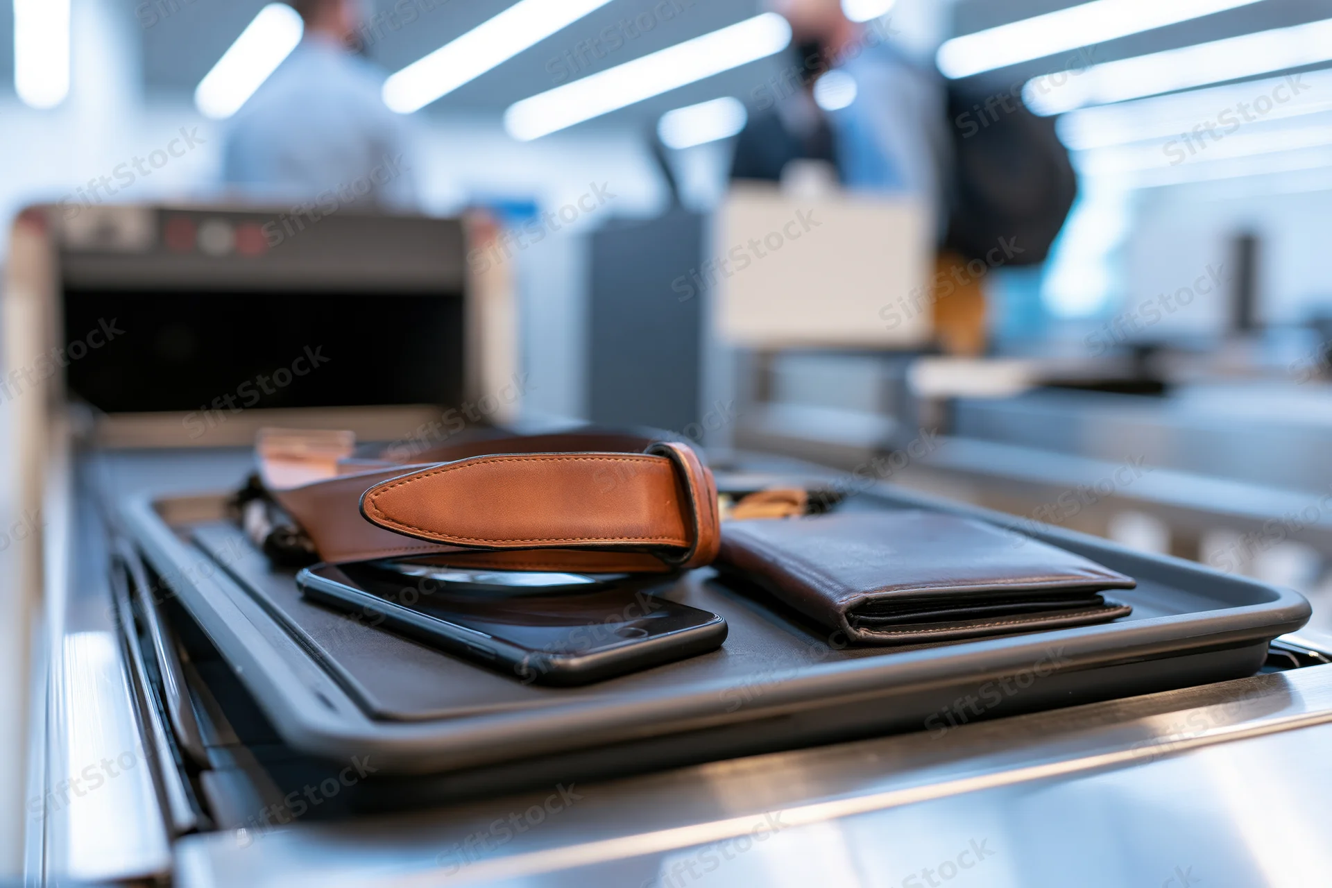 Personal items on a security screening tray moving along a conveyor belt at an airport checkpoint