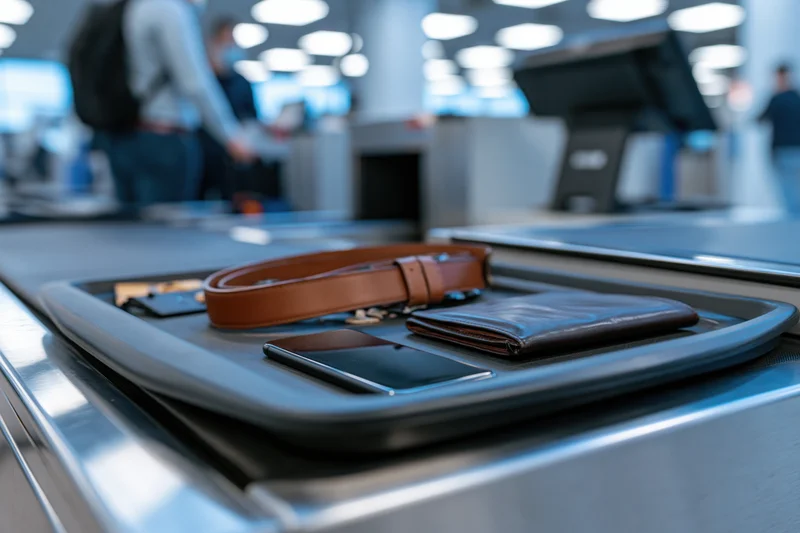 Airport security tray on conveyor belt holding leather belt wallet and smartphone at screening checkpoint