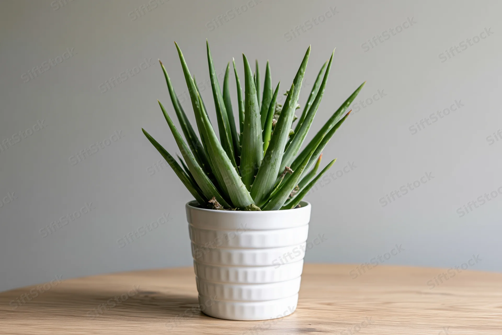 Aloe vera plant with spiky green leaves in a white ribbed pot on a wooden table