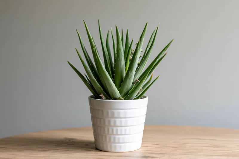 Aloe vera plant with spiky green leaves in a white ribbed pot on a wooden table
