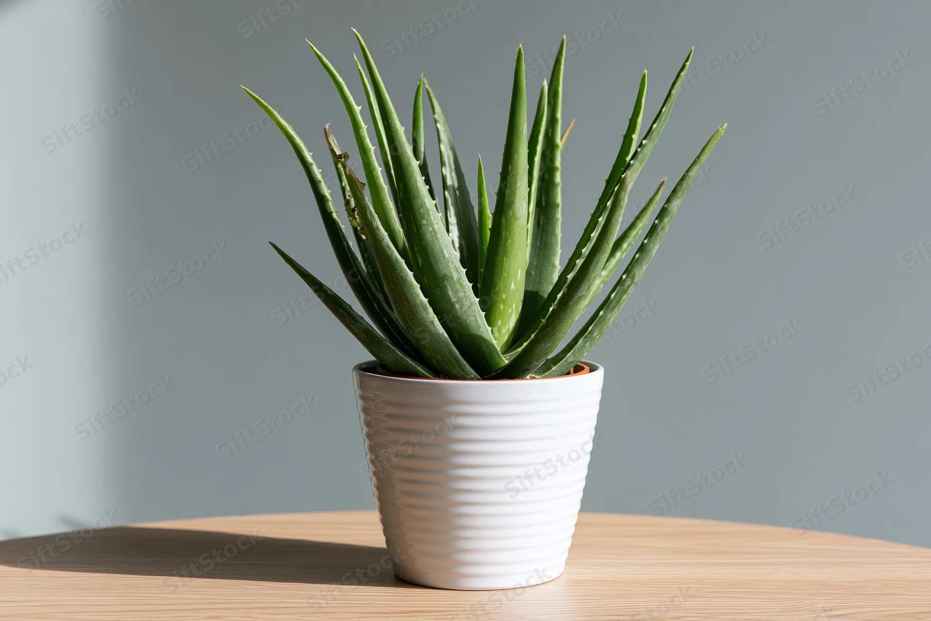 Aloe vera plant with spiky green leaves in a white ribbed pot on a wooden table