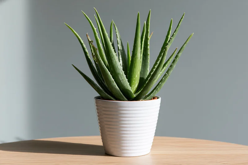 Aloe vera plant with spiky green leaves in a white ribbed pot on a wooden table