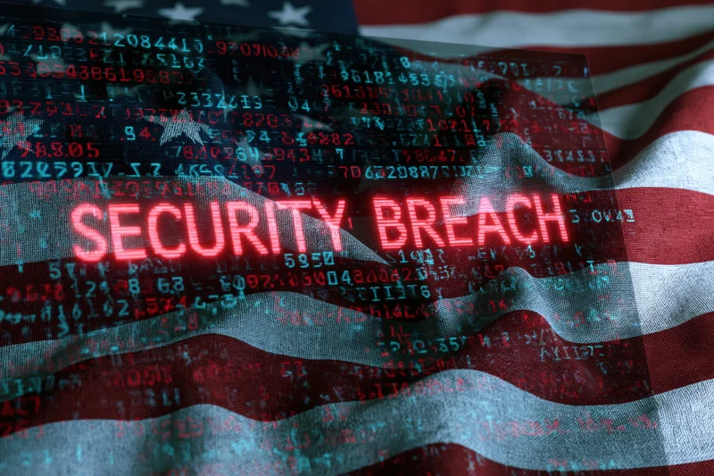 American flag waving with digital security breach warning overlaid in red text and code