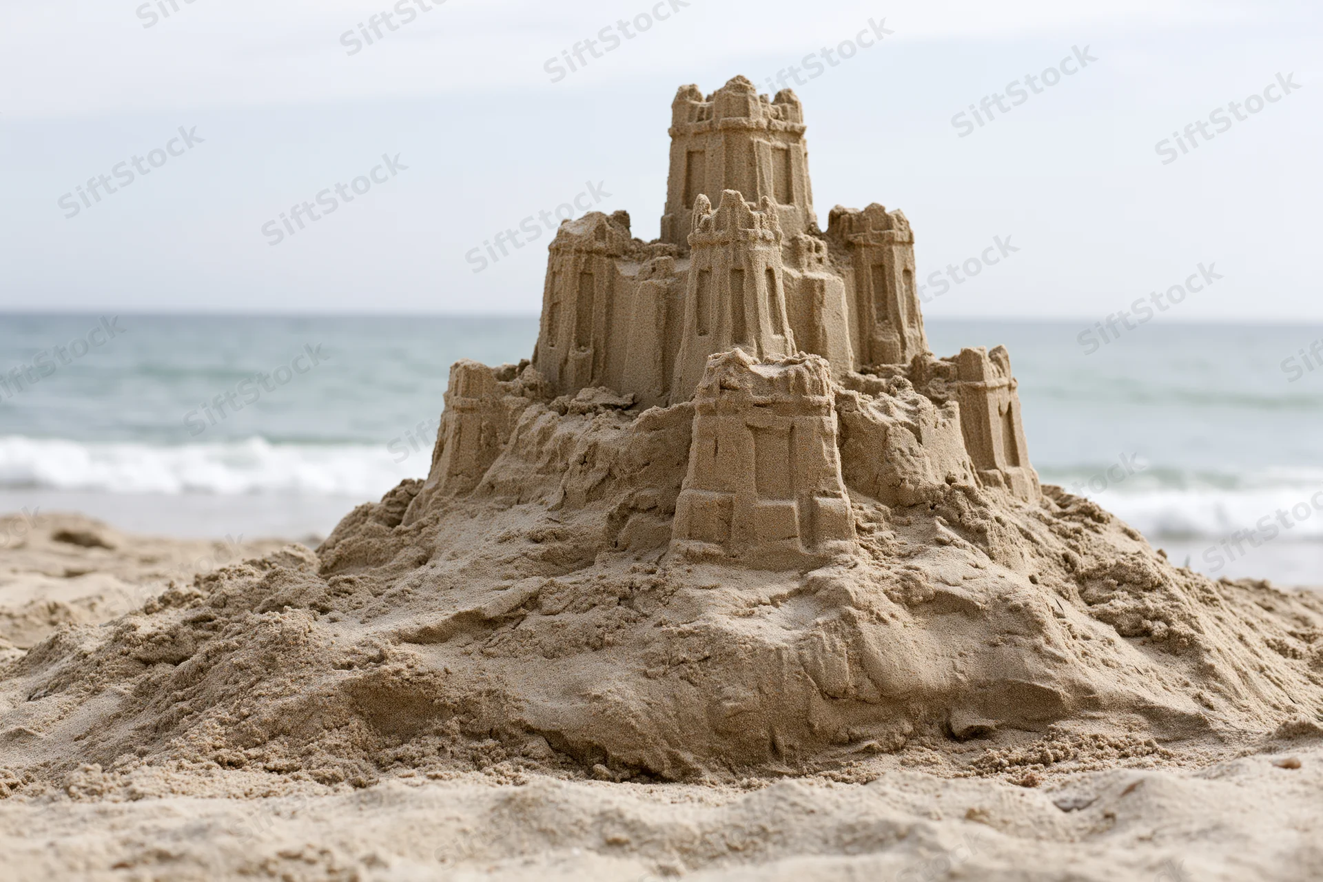 Elaborate sandcastle with tiered towers and battlements on a beach near the ocean