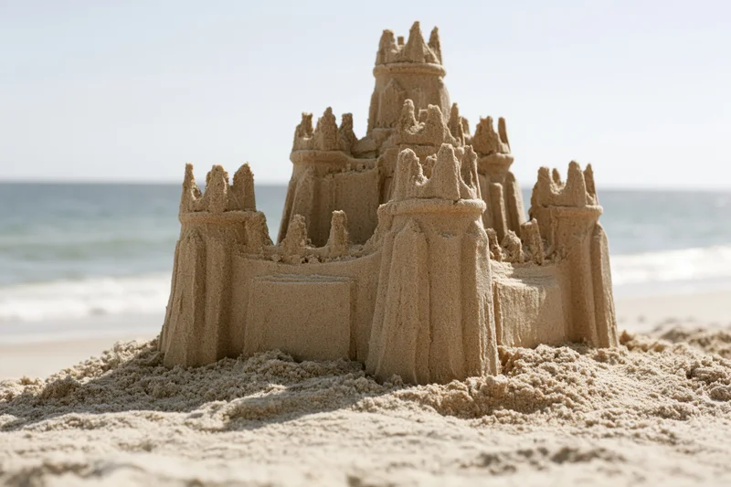 Elaborate sand castle with tiered towers and battlements on a beach near the ocean