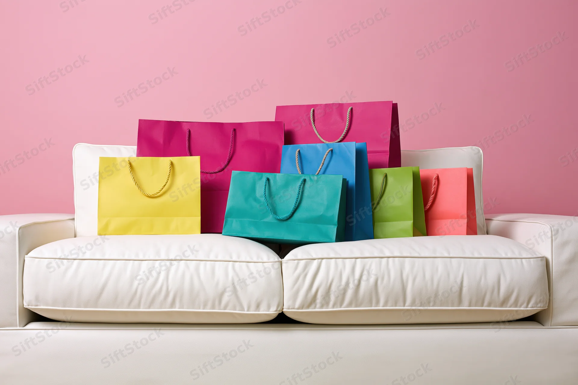 Colorful paper shopping bags arranged on a white couch against a pink wall