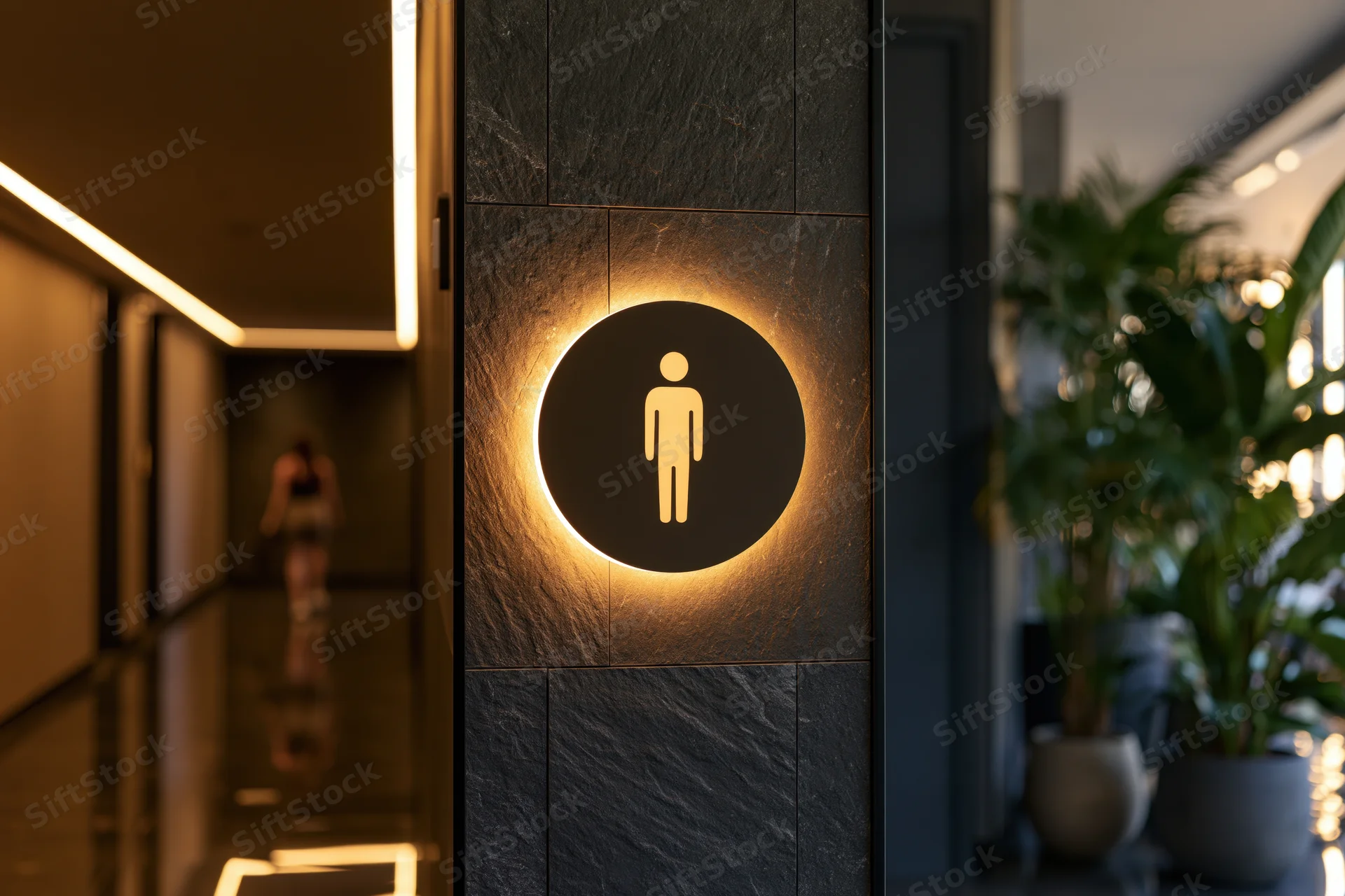 Backlit circular restroom sign on dark stone tile wall in modern hallway