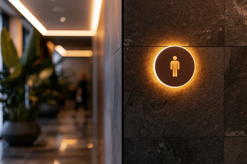 Backlit circular restroom sign on dark stone tile wall in modern hotel lobby corridor