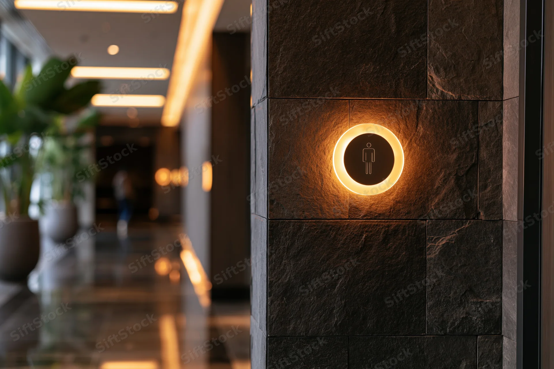 Backlit circular restroom sign on dark stone tile wall in modern hallway