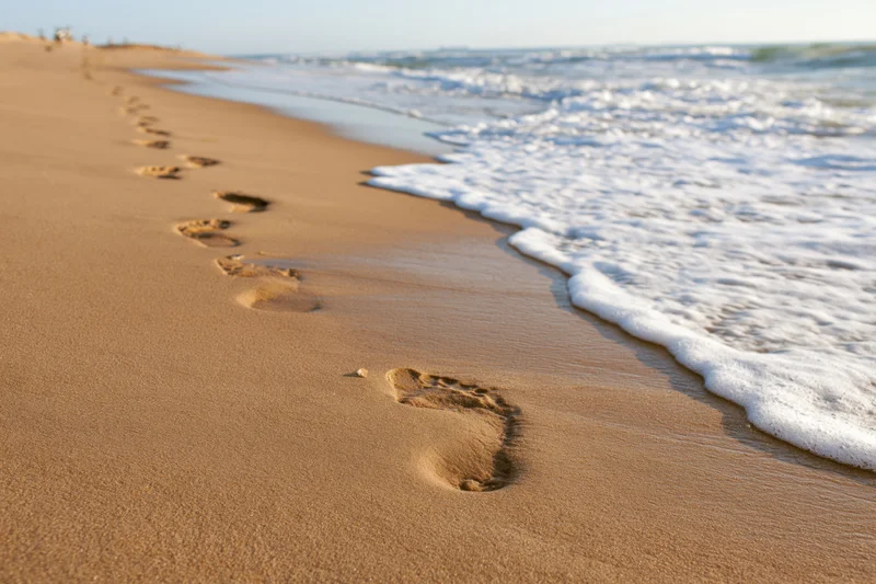Footprints in wet golden sand leading diagonally toward the ocean shoreline