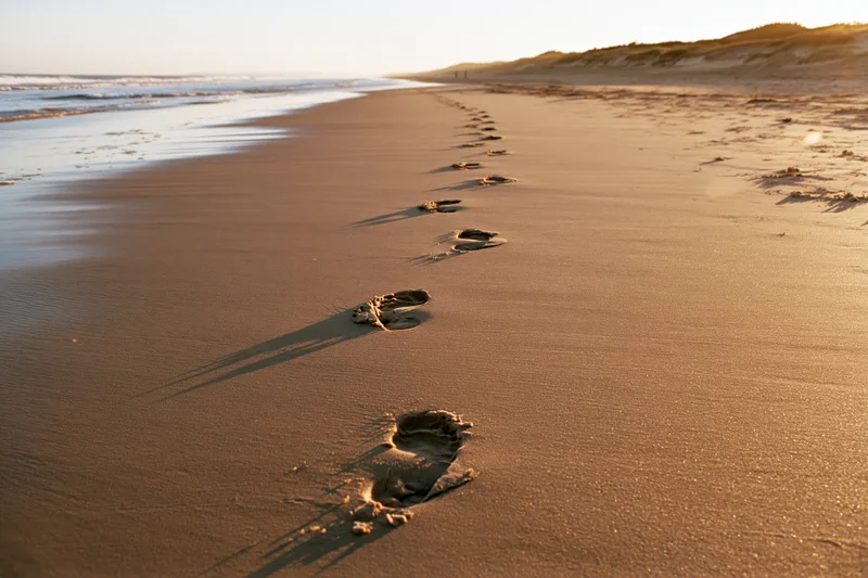 Footprints in wet sand leading toward the ocean at sunset