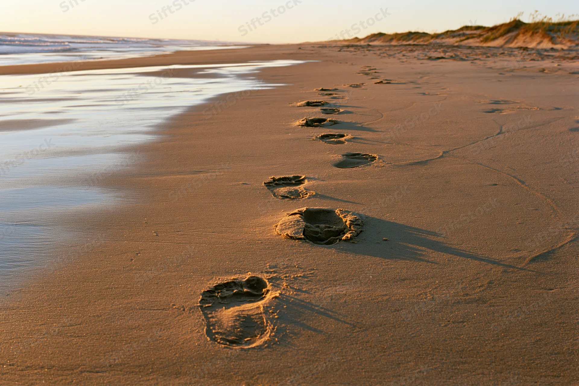 Footprints in wet sand leading toward the ocean at sunset
