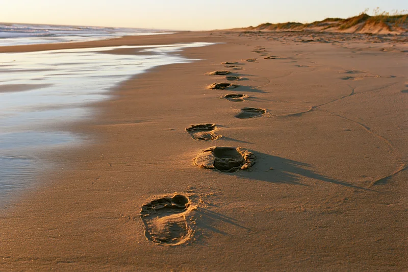 Footprints in wet sand leading toward the ocean at sunset
