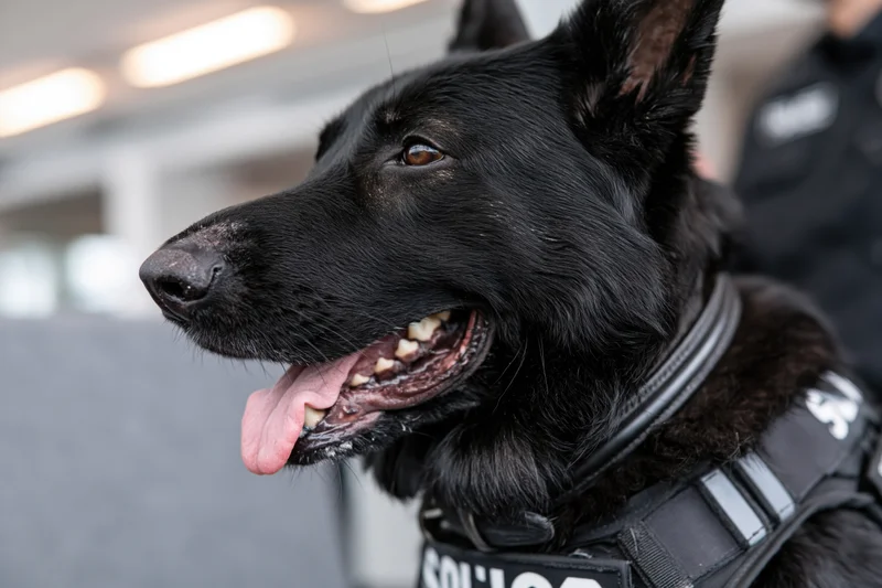 Black german shepherd wearing tactical vest in profile view