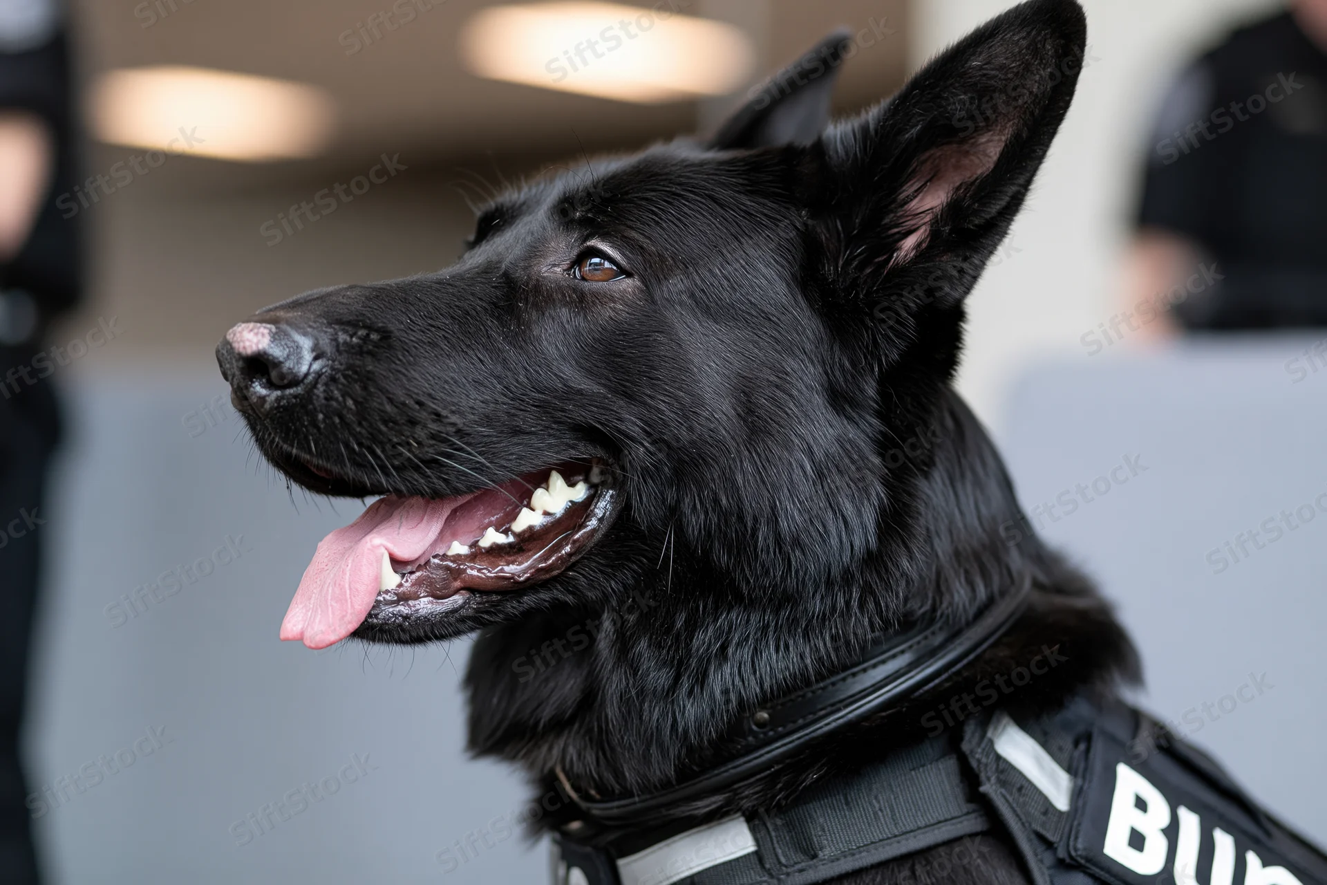 Black german shepherd wearing tactical vest in profile with tongue out