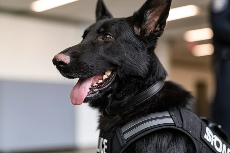 Black german shepherd wearing tactical security vest indoors, tongue out, alert expression