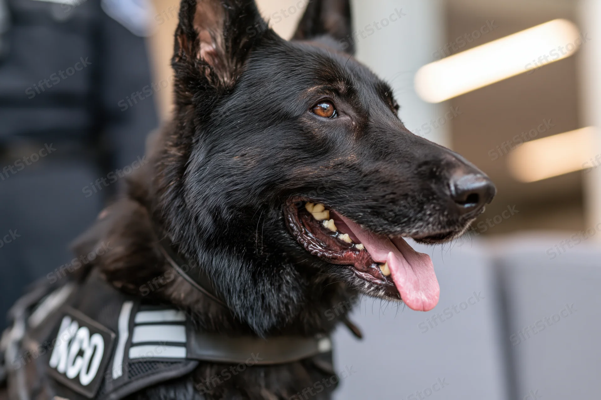 Black german shepherd in tactical vest with tongue out, profile view indoors