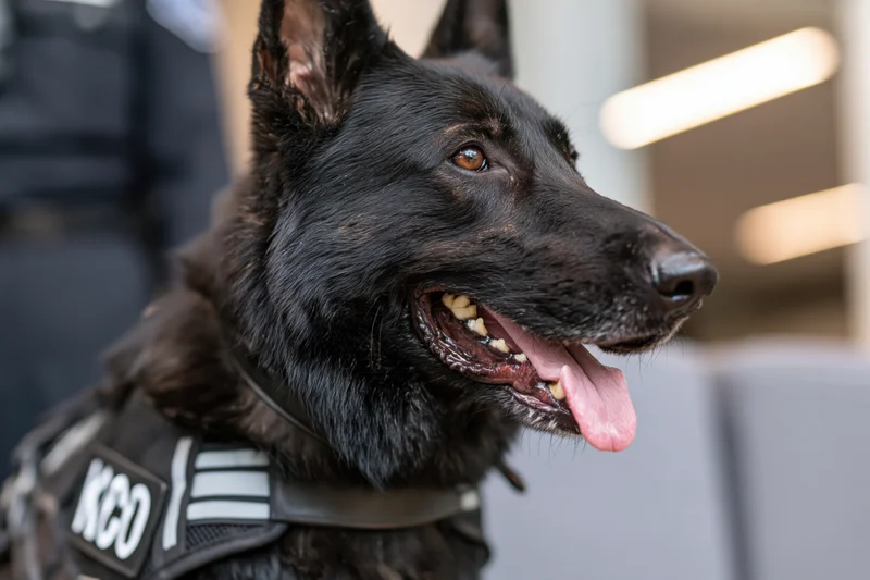Black german shepherd in tactical vest with tongue out, profile view indoors