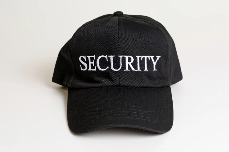 Black baseball cap with white embroidered security lettering on white background
