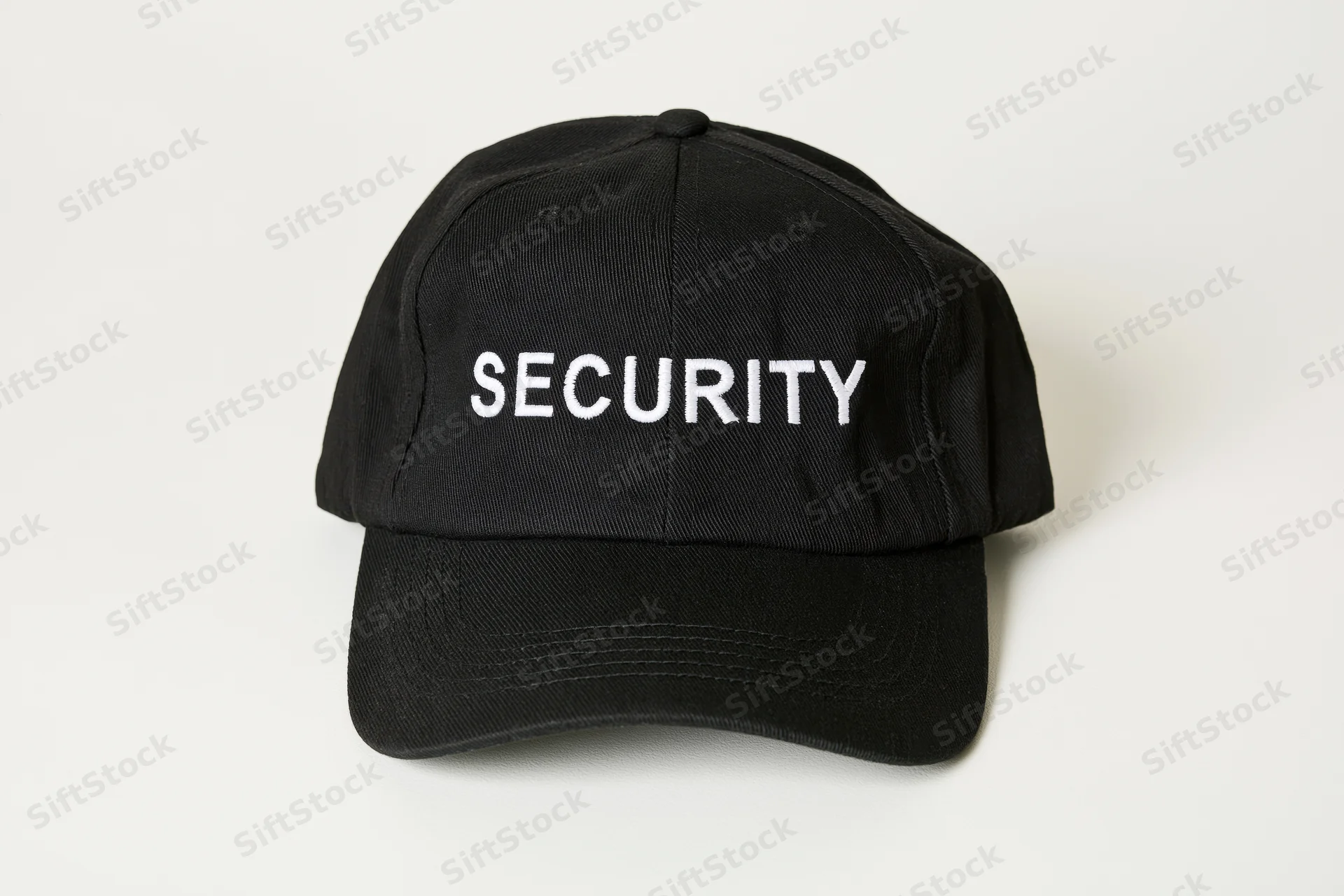 Black baseball cap with white embroidered security lettering on plain white background