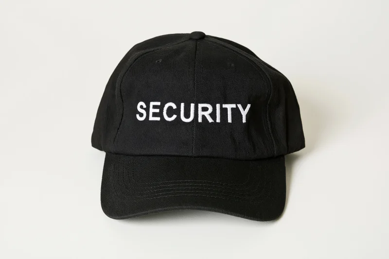 Black baseball cap with white embroidered security lettering on plain white background