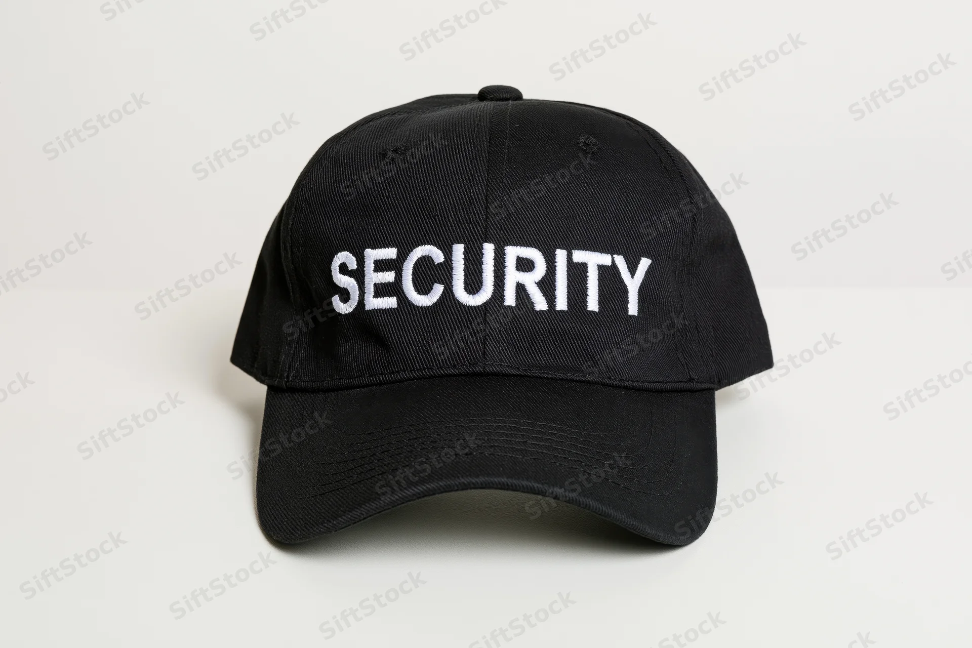 Black baseball cap with white embroidered security lettering on white background