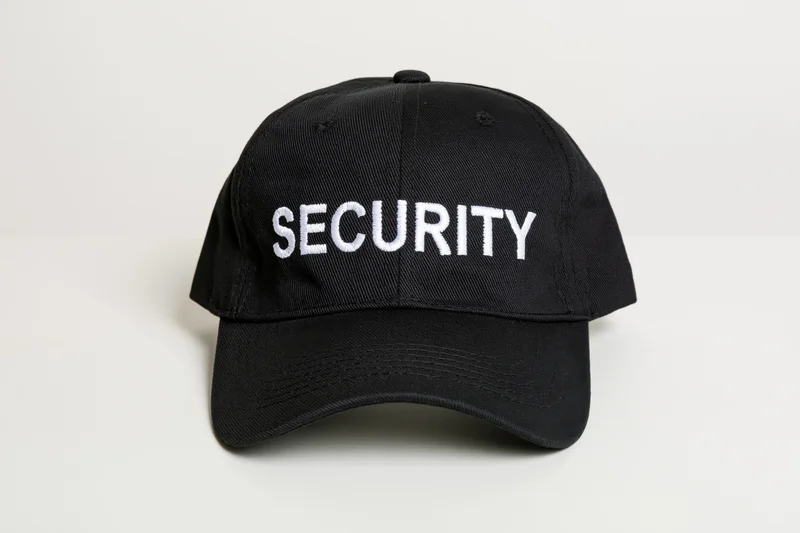 Black baseball cap with white embroidered security lettering on white background