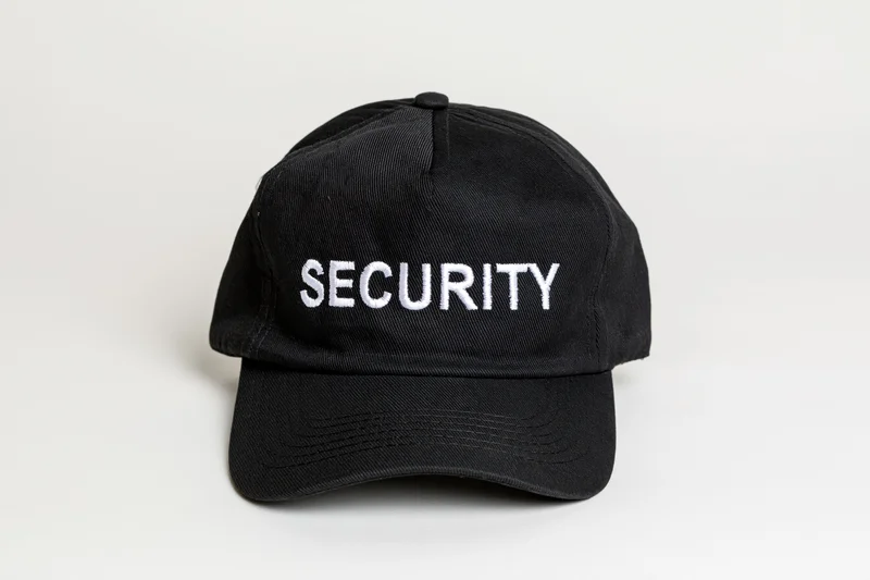 Black baseball cap with white embroidered security lettering on plain white background