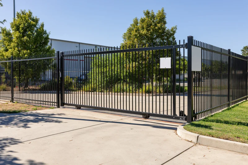 Black steel sliding security gate across concrete driveway entrance