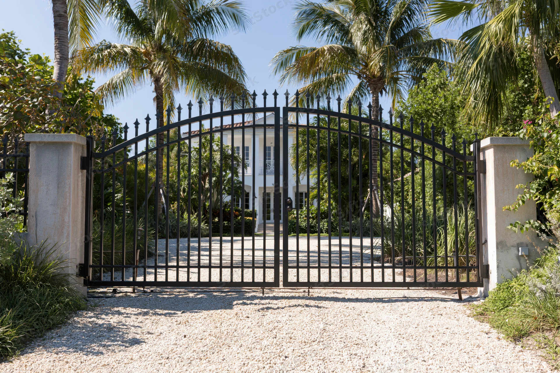 Closed wrought iron arched gate at entrance to white mansion with palm trees and gravel driveway