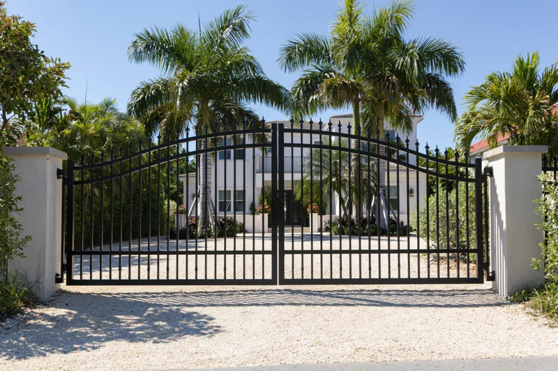 Closed black wrought iron arched gate at entrance to white mansion with palm trees and gravel driveway