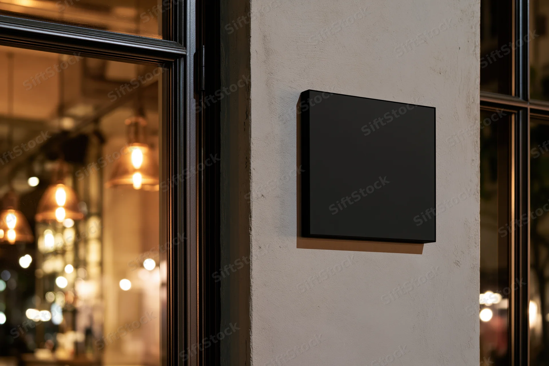 Blank black square sign mounted on concrete exterior wall of a storefront at night