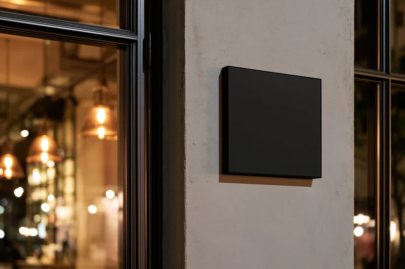 Blank black square sign mounted on concrete exterior wall of a storefront at night