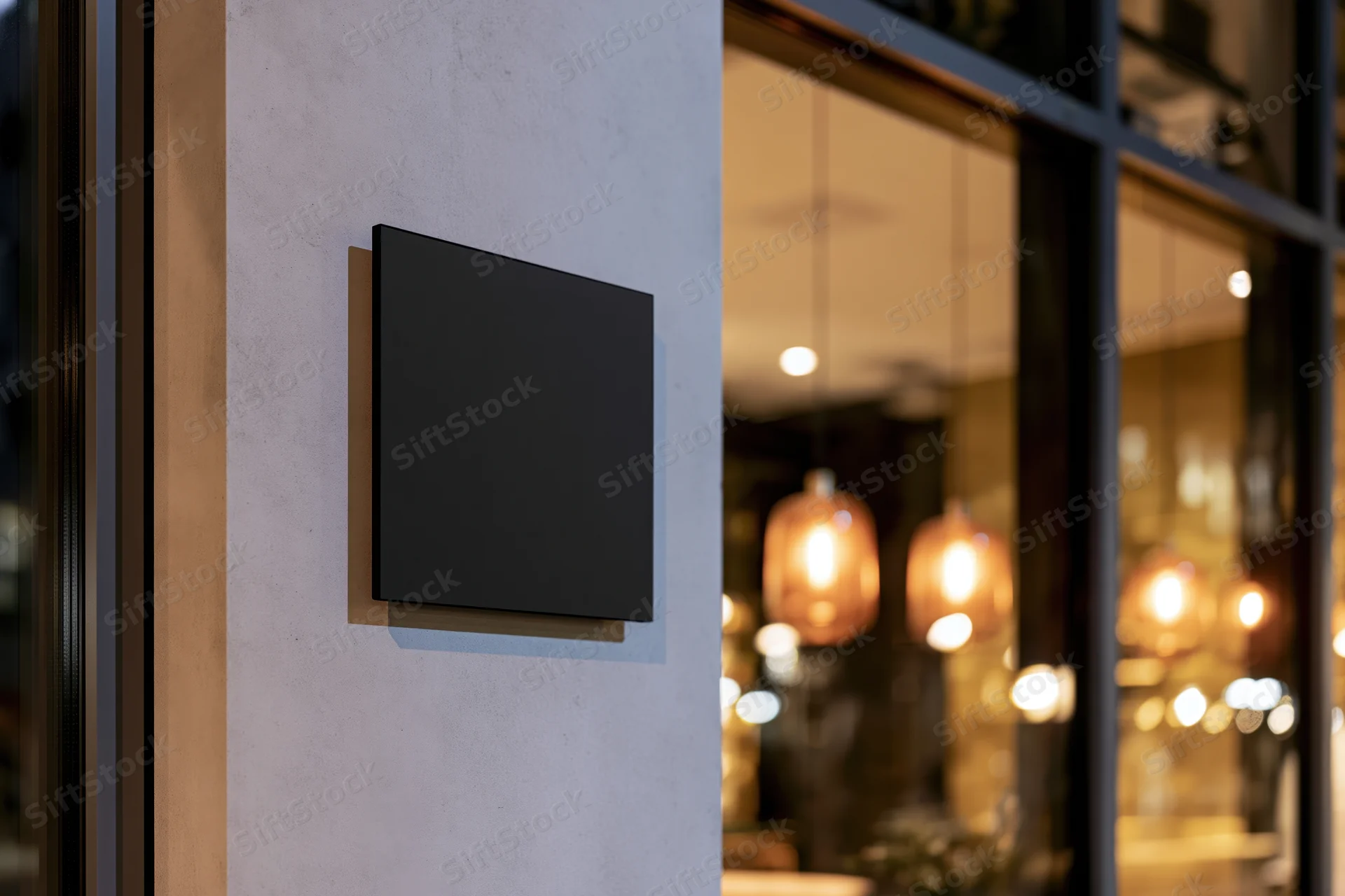 Blank black square sign mounted on concrete exterior wall of modern storefront with warm interior lighting visible through glass window