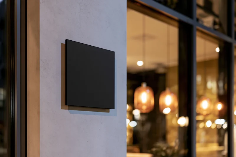 Blank black square sign mounted on concrete exterior wall of modern storefront with warm interior lighting visible through glass window