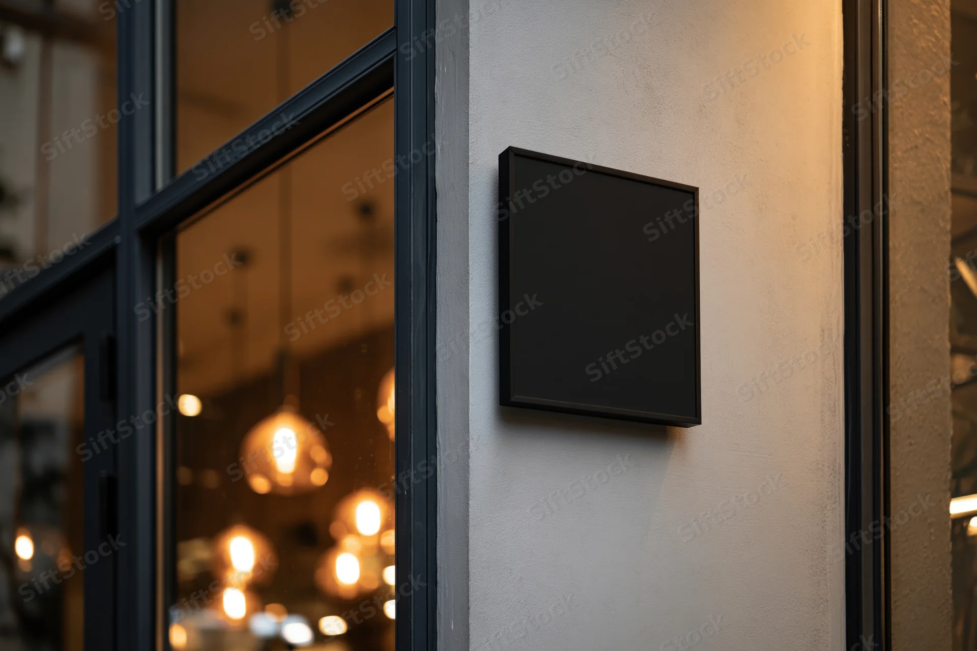 Blank black square sign mounted on a concrete storefront wall beside a glass window with warm interior lights visible through the glass