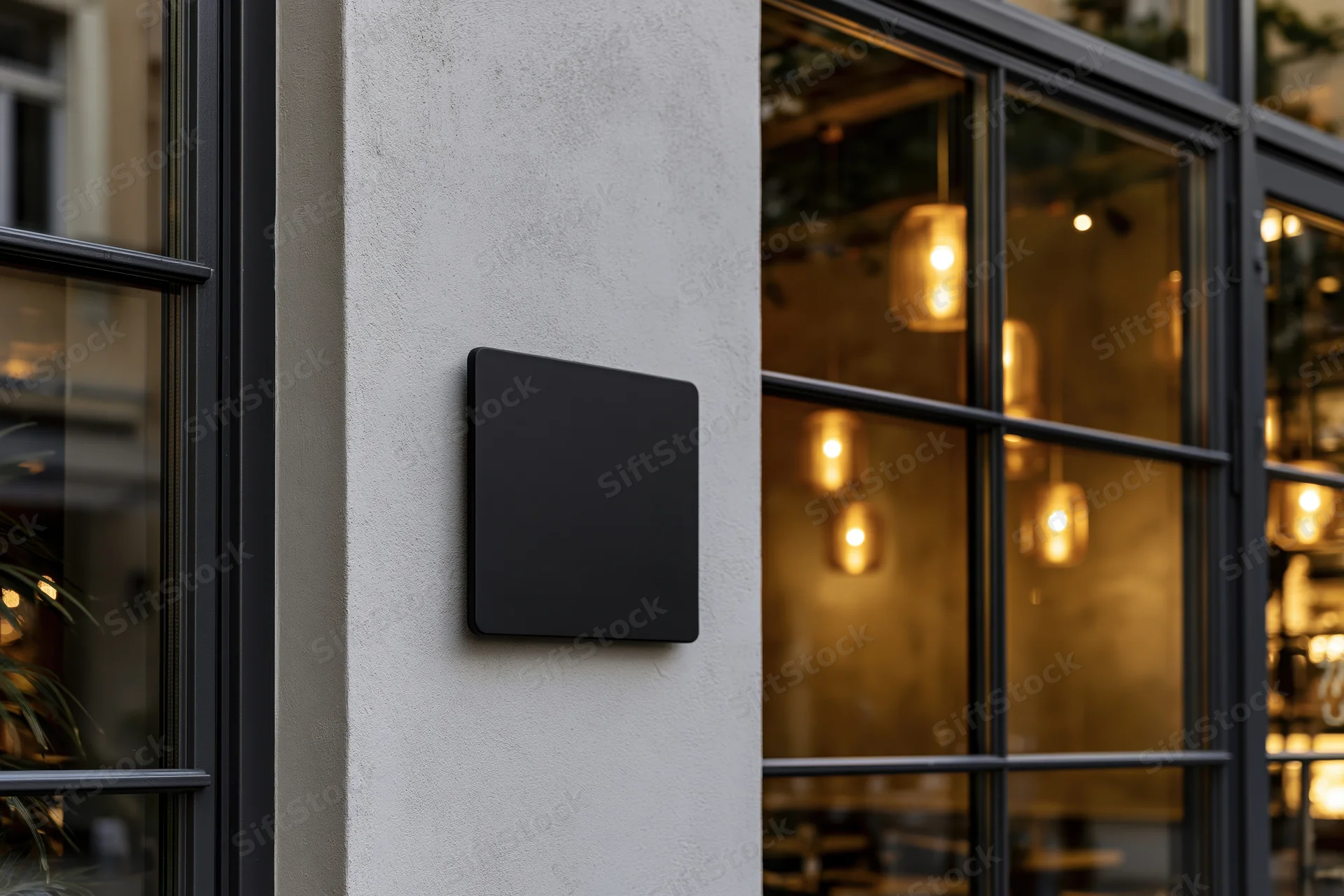 Blank black square sign mounted on concrete storefront wall beside glass windows with interior lights visible