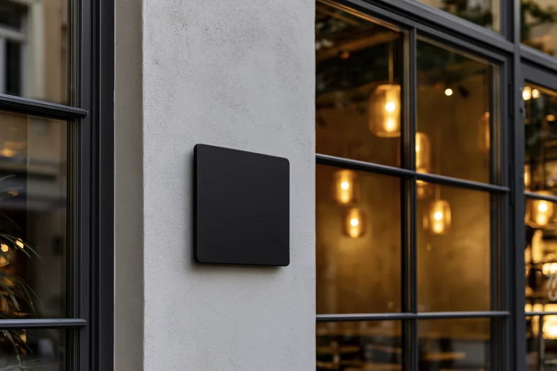 Blank black square sign mounted on concrete storefront wall beside glass windows with interior lights visible