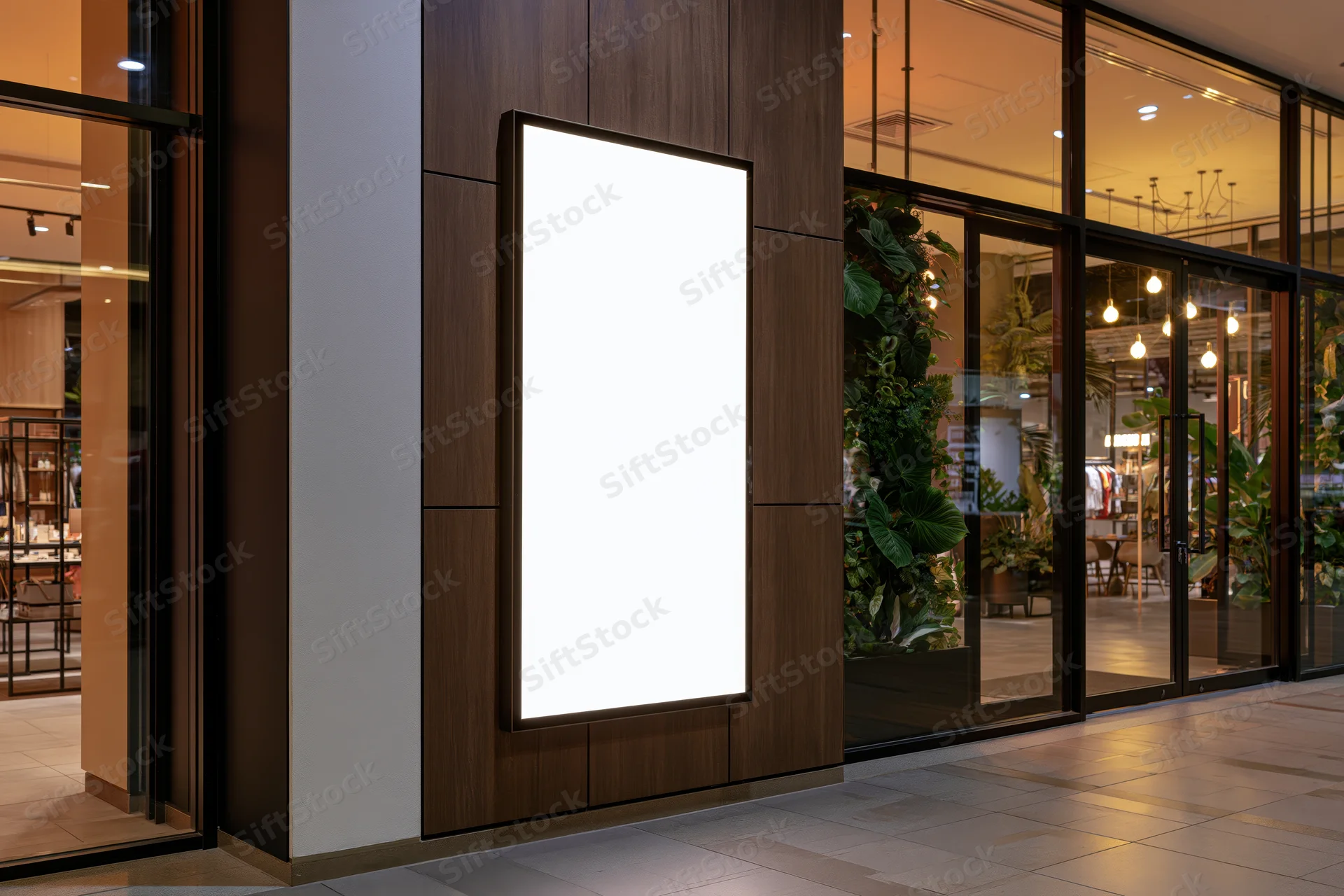 Blank vertical led display mounted on exterior wall of modern retail store entrance