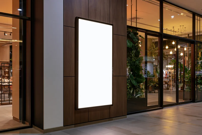 Blank vertical led display mounted on exterior wall of modern retail store entrance