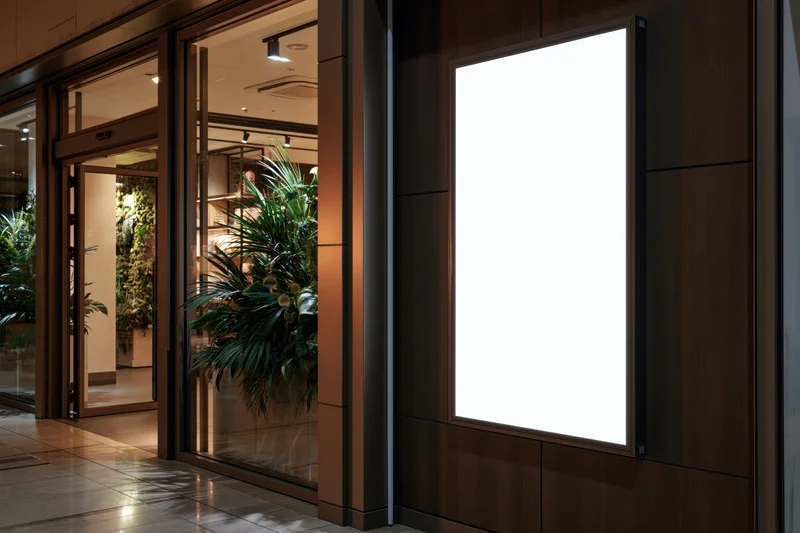 Blank vertical led display mounted on exterior wall of modern retail storefront with glass entrance and indoor greenery visible inside