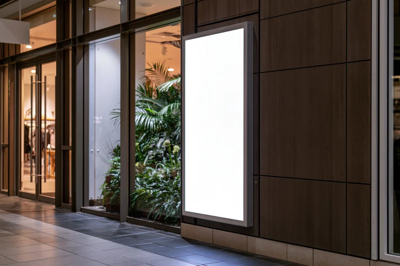Blank vertical led display mounted on exterior storefront wall near glass entrance and indoor plants