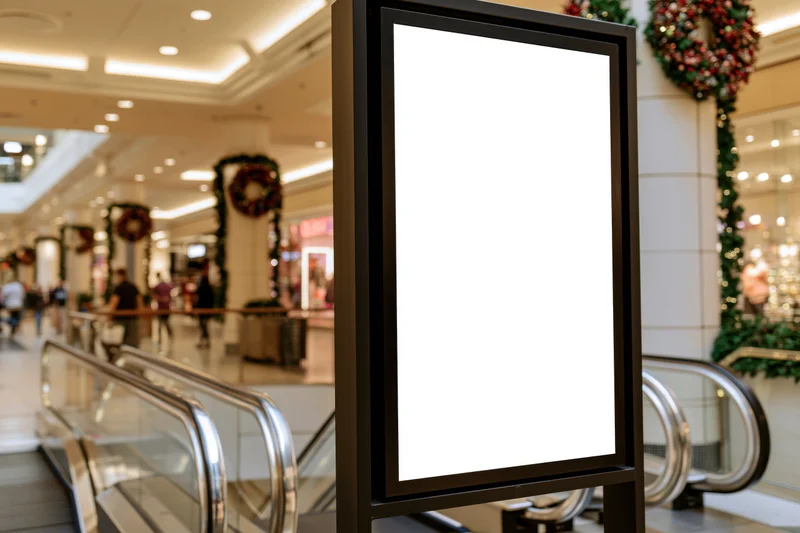 Blank vertical digital display kiosk in a decorated shopping mall interior with escalators and holiday wreaths